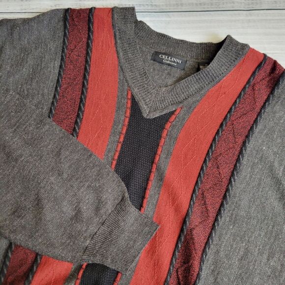 Cellinni Collezione Wool Blend Sweater Mens Size XL V Neck Stiched Knit Gray Red - Picture 1 of 8